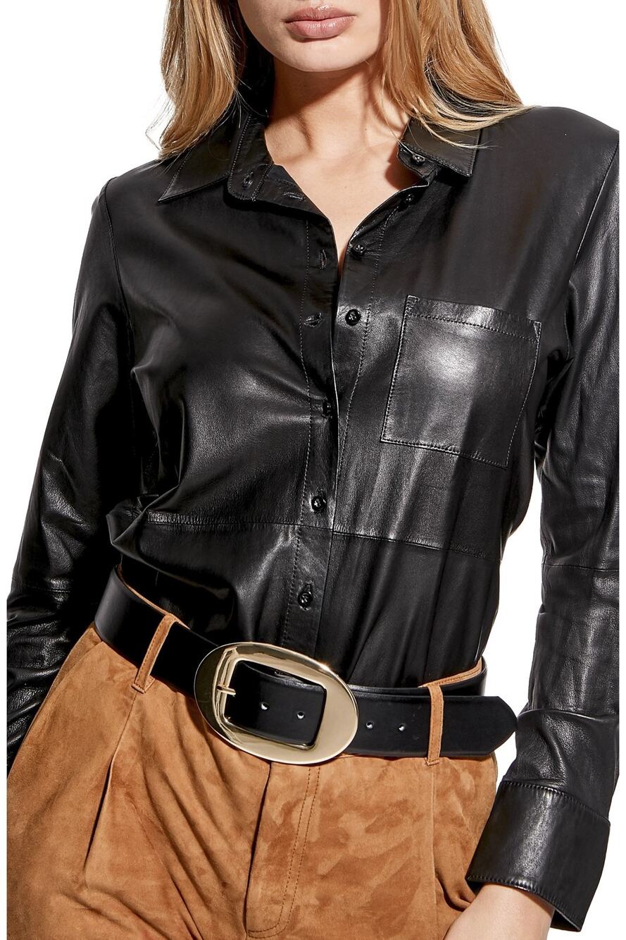 AS by DF La Nuit Black 100% Leather Button Up Blouse Shirt Jacket NWT XS